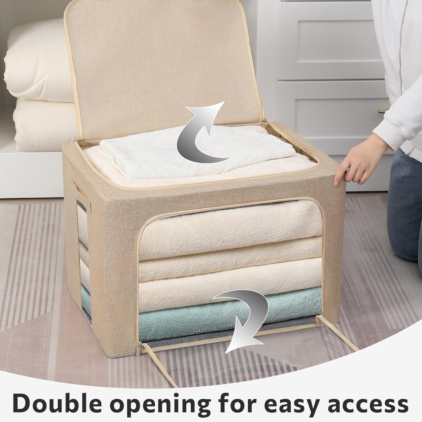 FHSQX 2 Pack Clothes Storage Bins Stackable Metal Frame Storage Box Foldable Linen Fabric Box Organizer with Carrying Handles and Clear Window (Beige, 15.7x 11.8x 11.7 Inch)