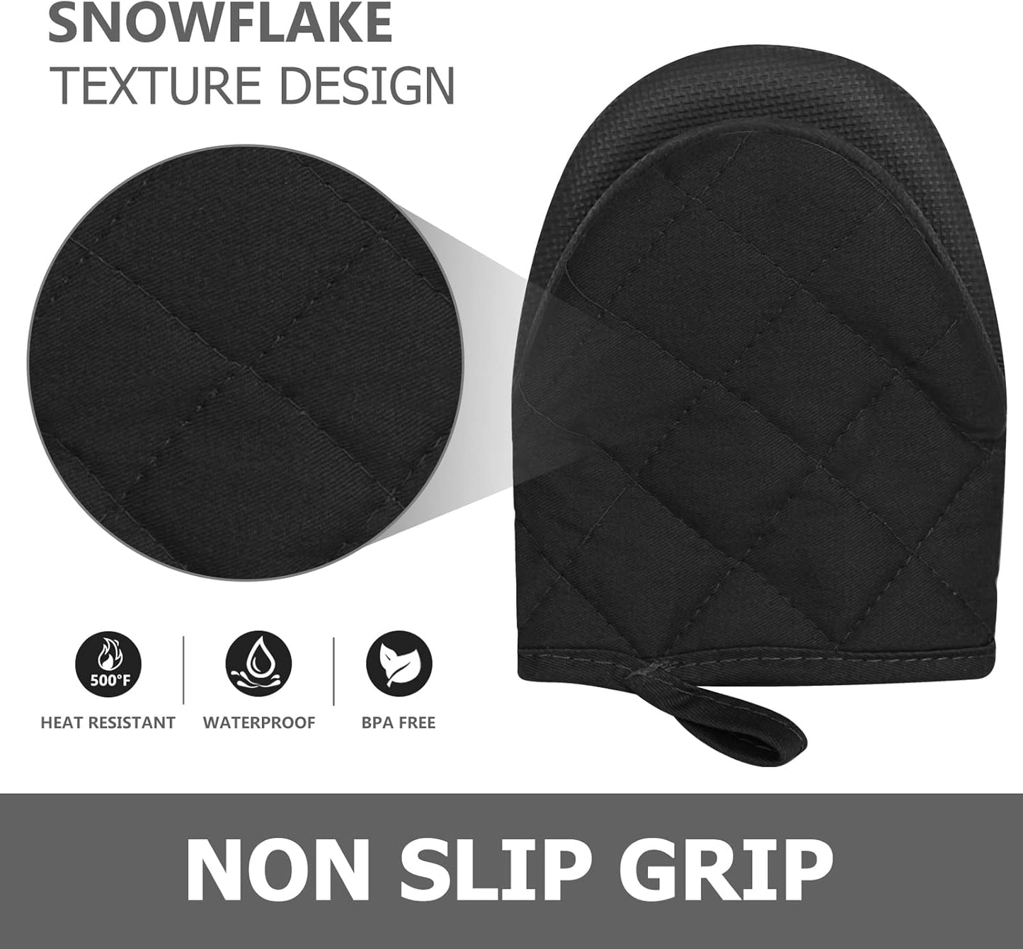 1 Pair Short Oven Mitts, Heat Resistant Silicone Kitchen Mini Oven Mitts for 500 Degrees, Non-Slip Grip Surfaces and Hanging Loop Gloves, Baking Grilling Barbecue Microwave Machine Washable