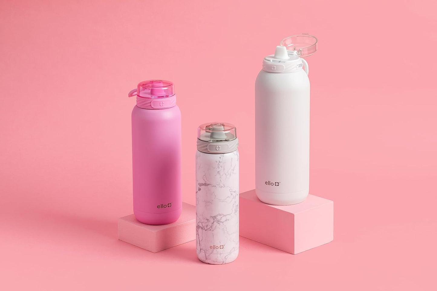 Ello Cooper 40oz Stainless Steel Water Bottle with 2 Lids Chug and Straw | Leak Proof | Double Walled and Vacuum Insulated | Built in Carry Loop | Dishwasher Safe | White Marble
