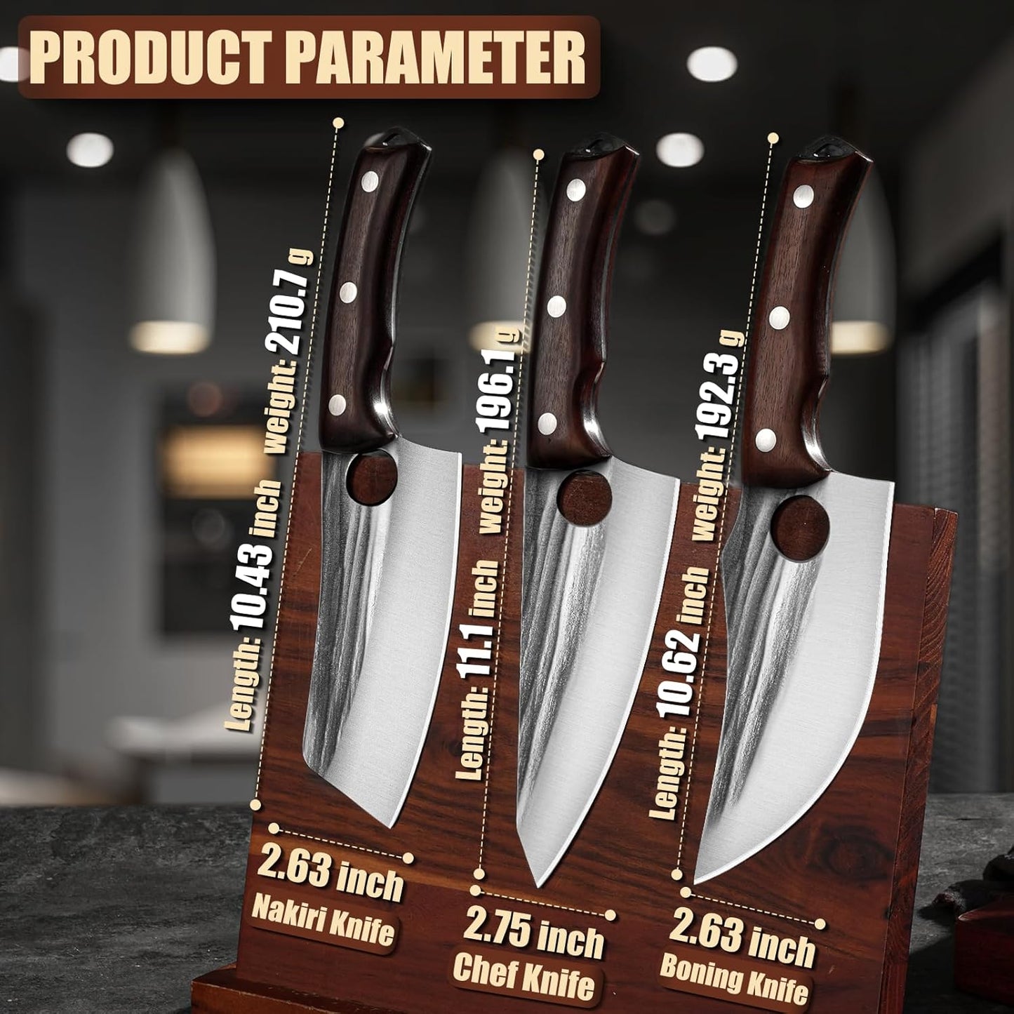 Kitchen Knife Set, Hand Forged Chef Knife Set with Full Tang Wood Handle, High Carbon Steel Butcher Knife Set for Meat Cutting Cleaver Knife Set for Vegetables Camping BBQ Ideal Gifts