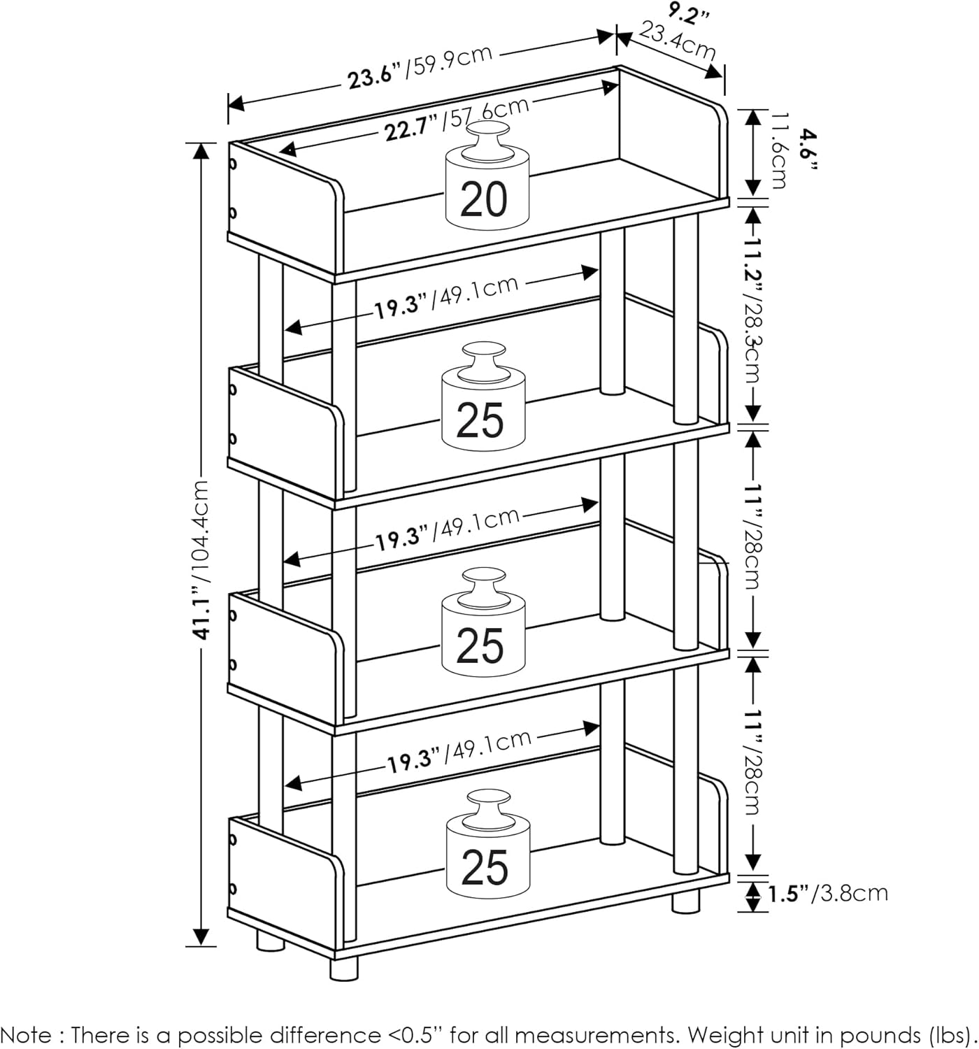 Furinno TURN-N-TUBE 4-Tier Display Shelf, Storage Shelves, Book Shelf, Open Shelves with Rounded Corner Top Edges, for Organization and Storage, Living Room, Home Office, Flagstaff Oak