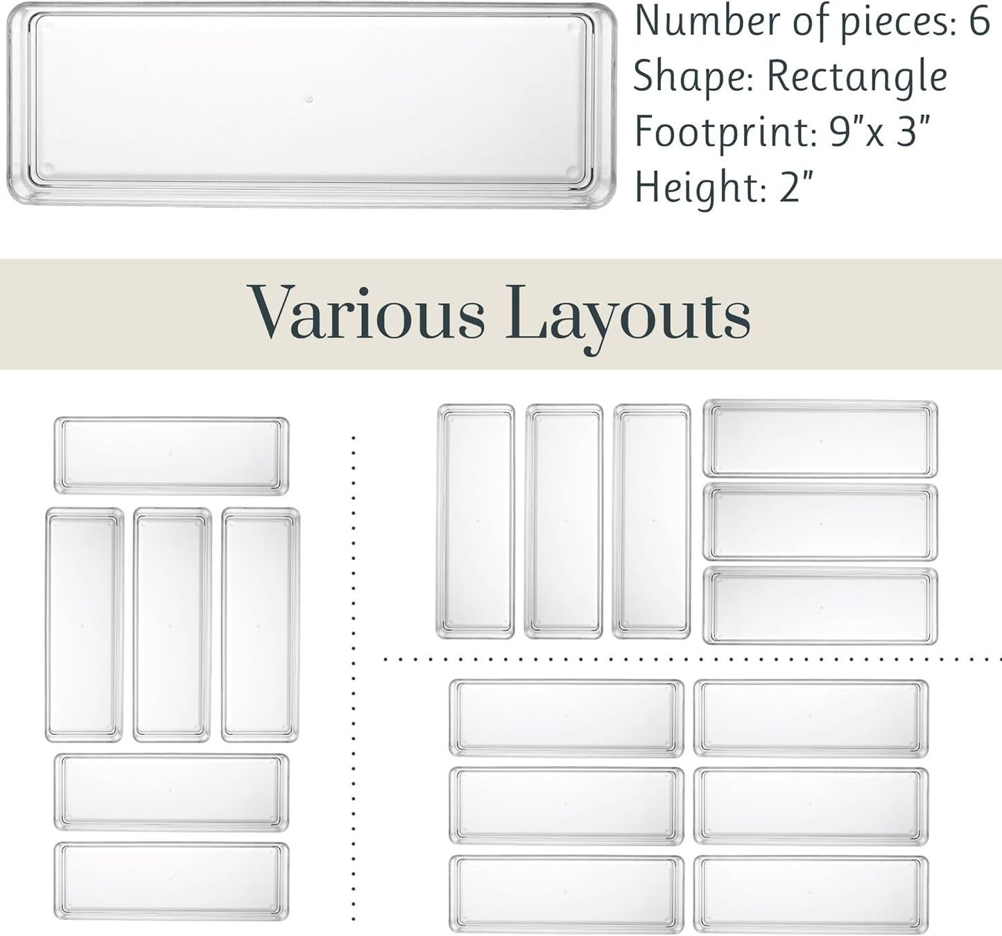 STORi SimpleSort 6-Piece Stackable Clear Drawer Organizer Set | 9" x 3" x 2" Rectangle Trays | Narrow Makeup Vanity Storage Bins and Office Desk Drawer Dividers | Made in USA