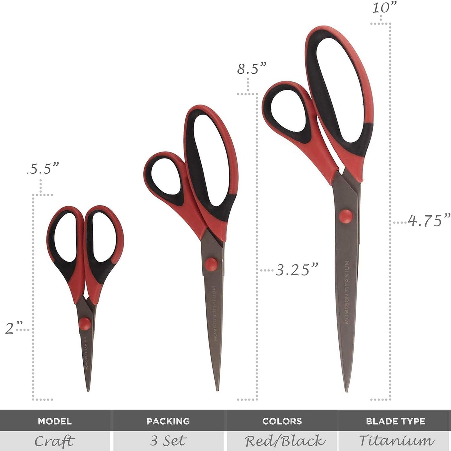 BambooMN Titanium Softgrip Scissors Set for Sewing, Arts, Crafts, Office - 10 Sets of 3 - Red w/Black Inlays