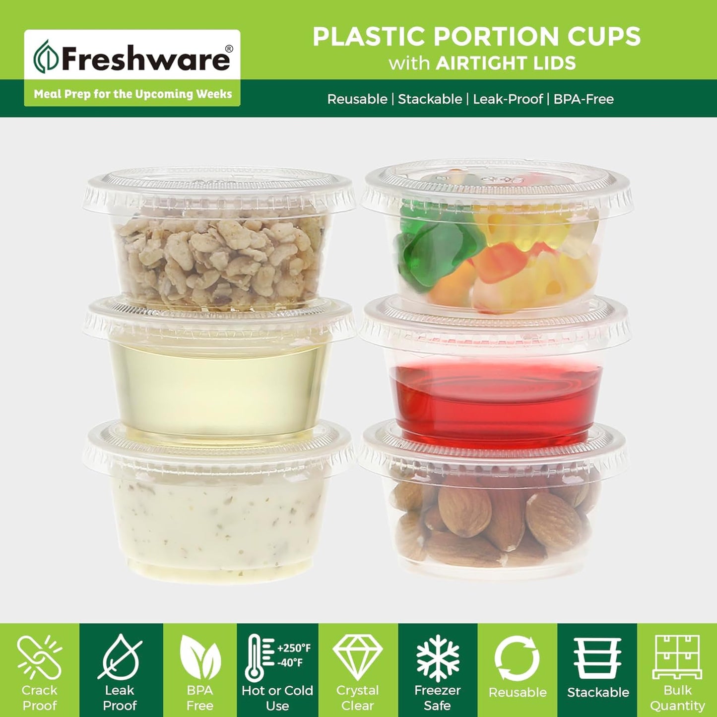 Freshware Plastic Portion Cups with Lids [3.25 Ounce, 100 Sets] Disposable Plastic Cups for Meal Prep, Salad Dressing, Jellos Shot Cups, Souffle Cups, Condiment and Dipping Sauce Cups