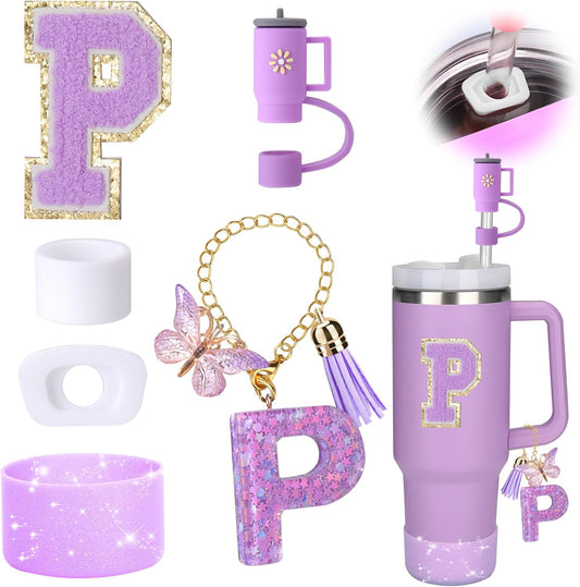 Mity rain 6PCS Cup Accessories Set for Stanley Cup 30oz 40oz tumbler with handle, Including Silicone Straw Topper Cover Cap and Boot, Spill Proof Stopper, Handle Charm, Initials Sticker (Letter P)