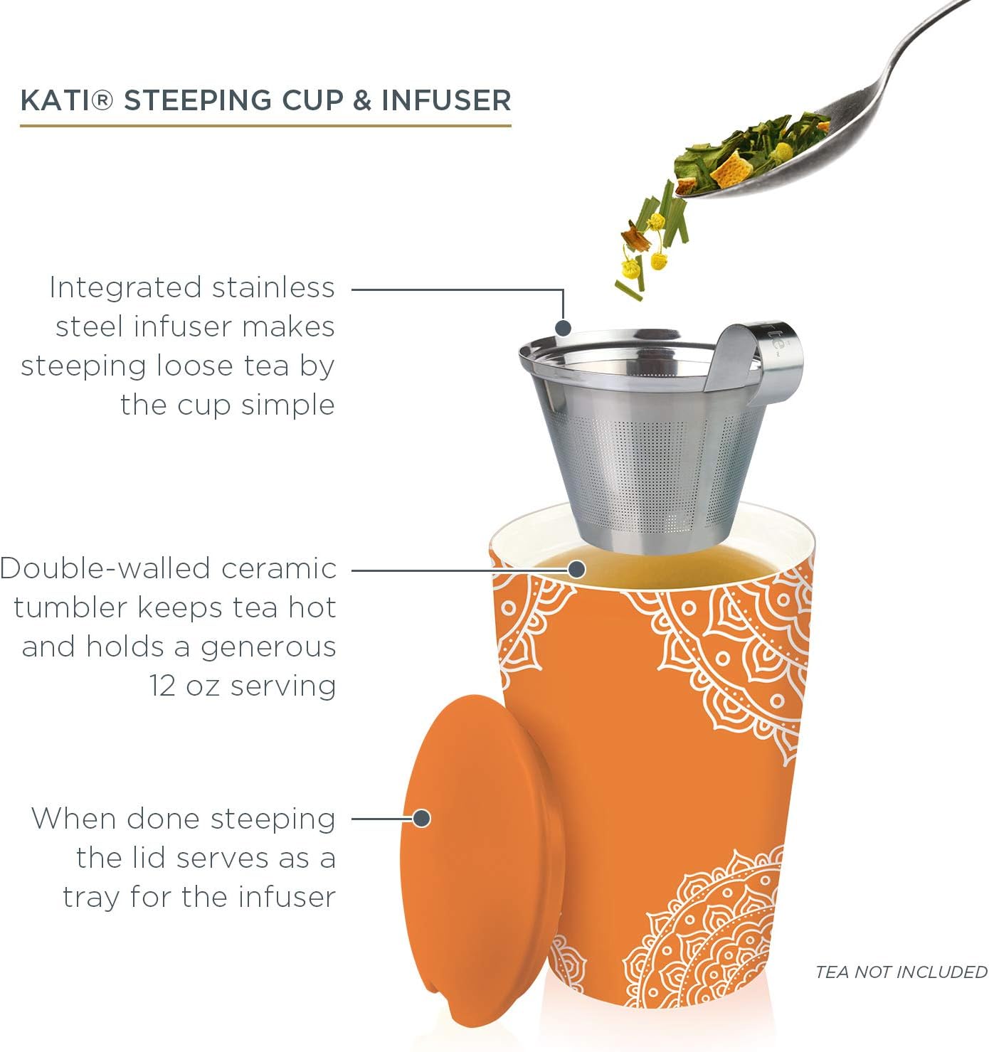 Tea Forte Double-Walled Ceramic Kati Cup, Removable Stainless Steel Infuser Basket and Lid, Steeps 12 oz Loose Leaf Tea, Dishwasher & Microwave Safe, Chakra