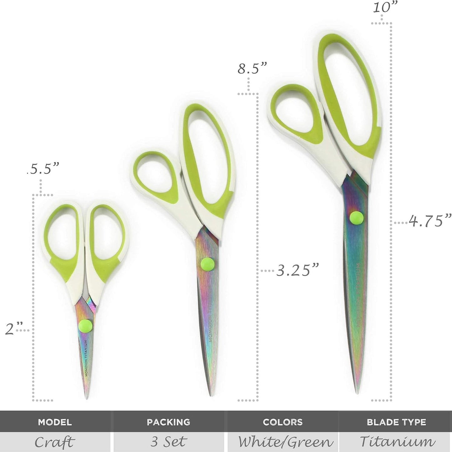 BambooMN Titanium Softgrip Scissors Set for Sewing, Arts, Crafts, Office - 10 sets of 3 - White w/Green Inlays