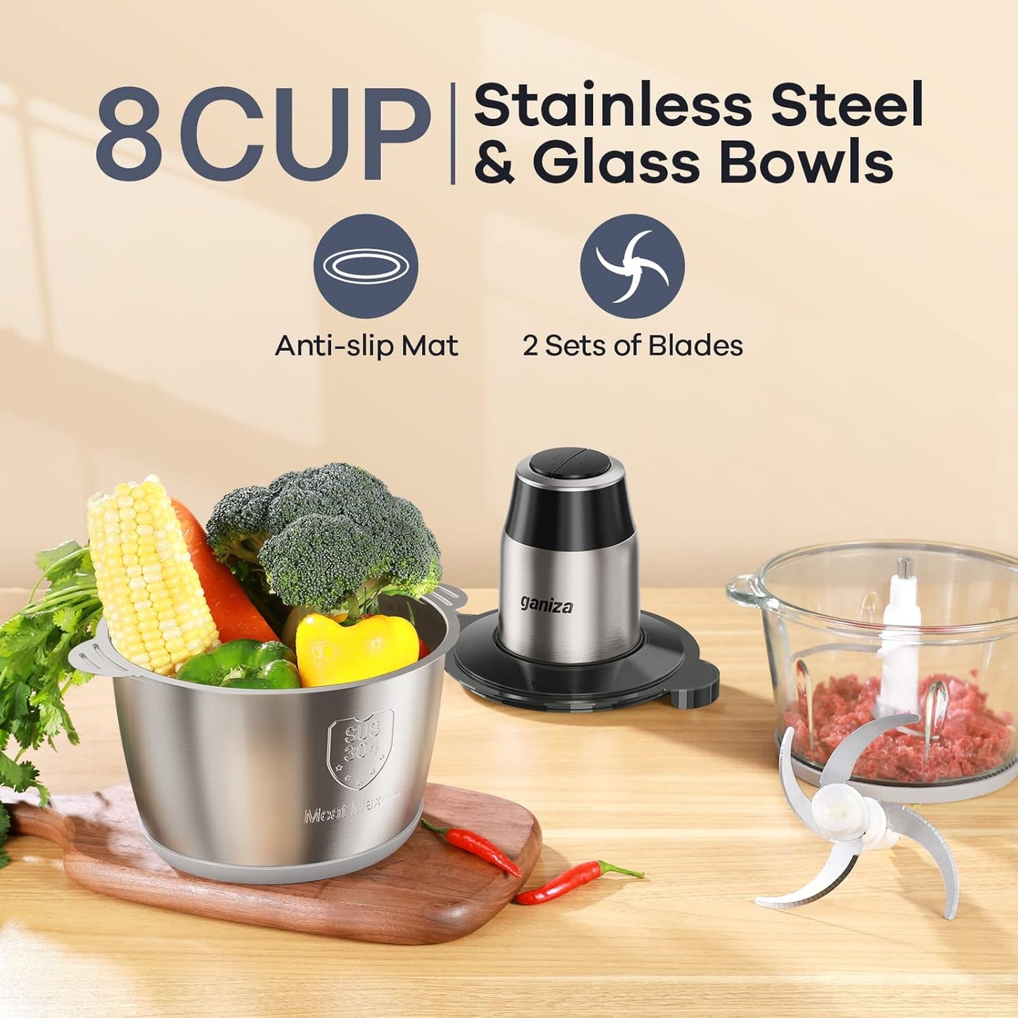 GANIZA Food Processors, Electric Food Chopper with Meat Grinder & Vegetable Chopper - 2 Bowls (8 Cup+8 Cup) with Powerful 450W Copper Motor - Includes 2 Sets of Bi-Level Blades (B0FNCM5JNM)