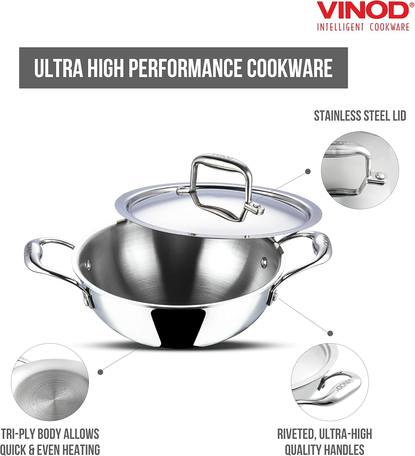 Vinod Platinum Kadai Triply Stainless Steel | Suitable For Indian Cooking, Sauces, Stews, Soups | Deep/Extra Deep Kadai With Lid | Induction, Electric Friendly (Extra Deep Kadai, 18cm)