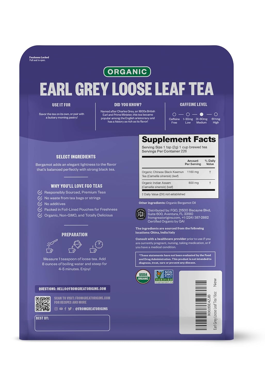 FGO Organic Earl Grey Black Tea, 16 Ounce Loose Leaf Bulk Resealable Bag, 16oz, Packaging May Vary (Pack of 1)
