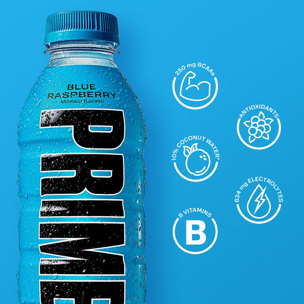 PRIME Hydration BLUE RASPBERRY, Sports Drinks, Electrolyte Enhanced for Replenishing Fluids, 250mg BCAAs, B Vitamins, Antioxidants, Low Sugar, 16.9 Fl Oz, 12 Pack