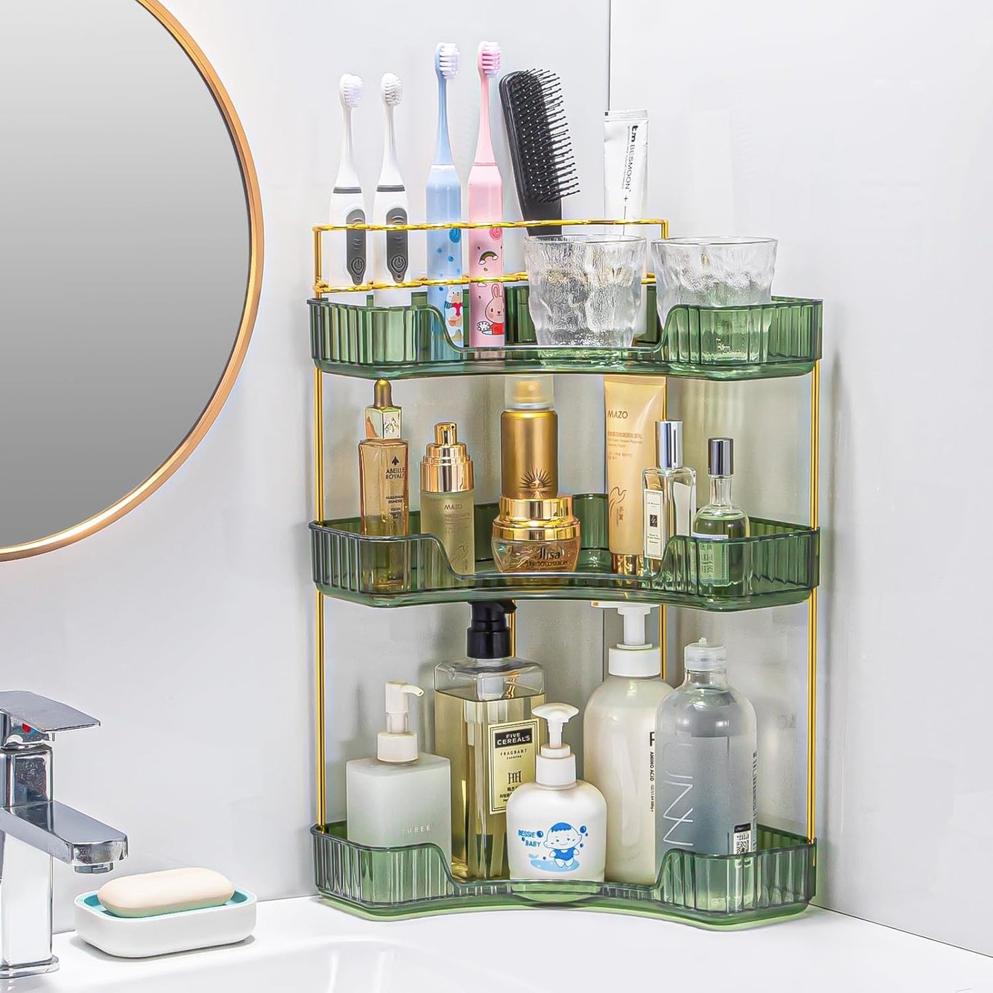 Upgraded 3-Tier Corner Bathroom Countertop Organizer – Spacious Storage for Makeup, Skincare & Perfumes, Built-in Brush Holder Fits Vanity/Dresser/Bsthtub (Sage Green)