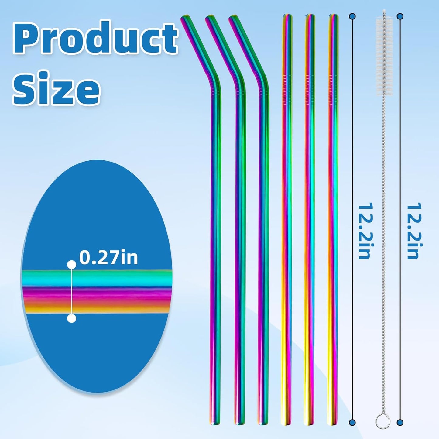 Stainless Steel Straws for Owala Insulated Bottle 40oz Tumbler 6x Metal Replacement Straws with Cleaning Brush for Owala 40oz (Colorful, 3x Straight & 3x Bent 8mm)