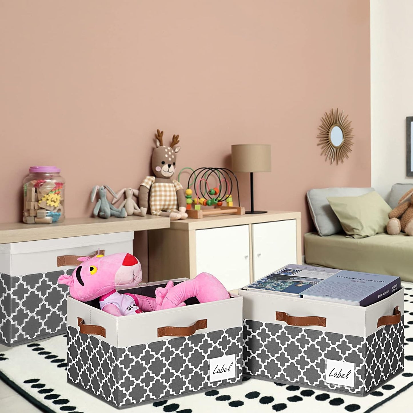 GhvyenntteS Large Fabric Storage Bins with Lids (3 Pack), Foldable Decorative Storage Boxes with Lids and 3 Handles, Sturdy Storage Baskets with Label Window for Home Office (White&Lattice Grey)