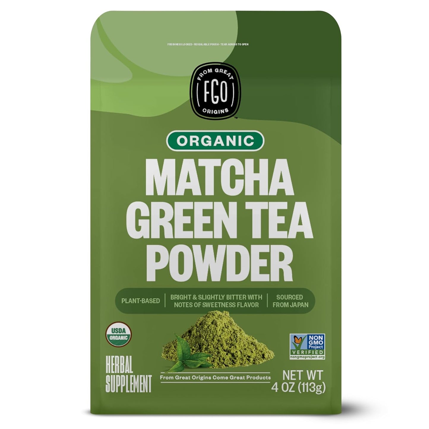 FGO Organic Matcha Green Tea Powder, Japanese Culinary Grade for Cooking, Baking, and Smoothies, 4 Ounce Resealable Bag, Packaging May Vary (Pack of 1)