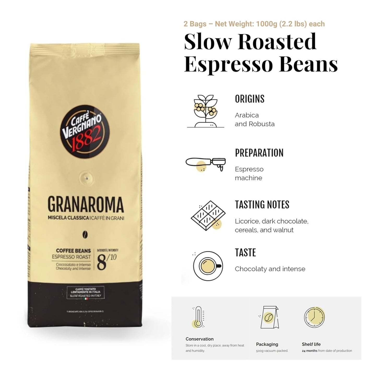 Caffe Vergnano 1882 Gran Aroma Whole Bean Arabica Medium Espresso Roast Coffee, 2.2lbs Bag - Italian Coffee Beans with Rich notes of Cocoa, Spices & Dried Fruit, Intensity 8/10-1000g Bag (2 Pk)