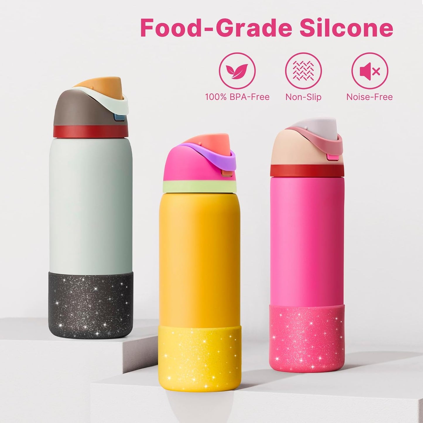 Silicone Water Bottle Boot for Owala 32 oz, Anti-Slip Protective Sleeve for Owala Twist & FreeSip & Flip Stainless Steel Water Bottle, Boot Bottom Base (Glitter Rose Red)