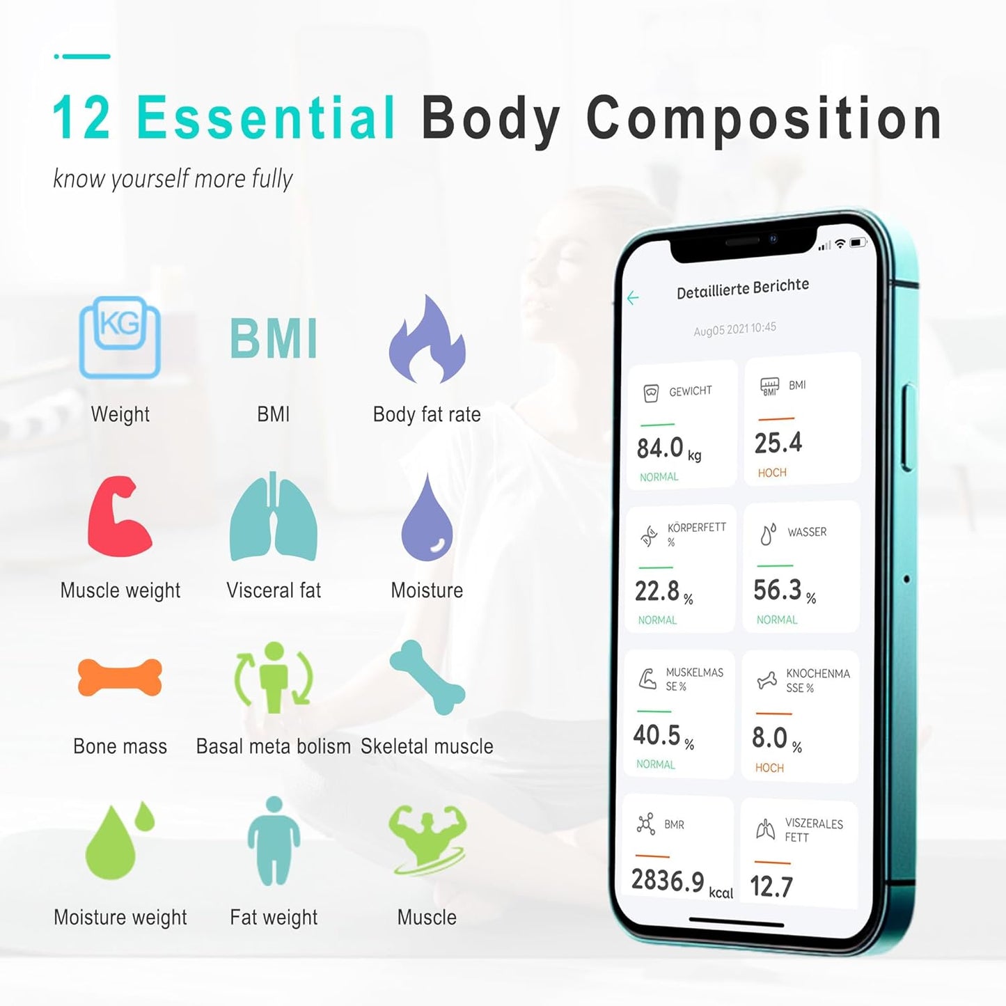 BalanceFrom Smart Scale for Body Weight Digital Bathroom Bluetooth BMI Body Fat Scale with 12 Body Composition Analyzer, Tempered Glass Weighing Scale LED Display Sync with Apps, 400lbs