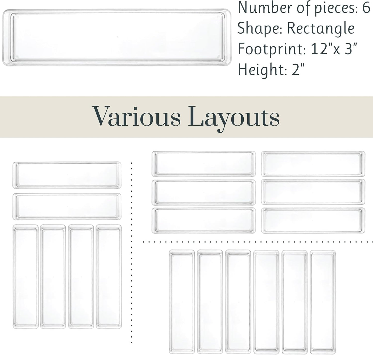 STORi SimpleSort 6-Piece Stackable Clear Drawer Organizer Set | 12" x 3" x 2" Rectangle Trays | Narrow Makeup Vanity Storage Bins and Office Desk Drawer Dividers | Made in USA