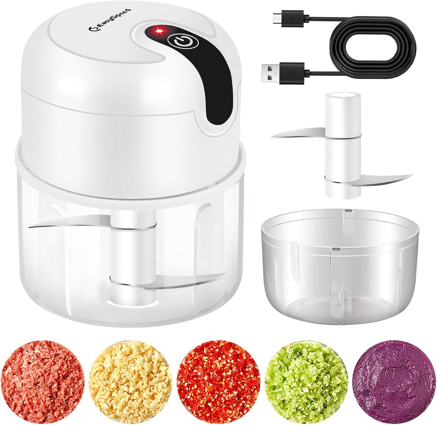 EASYSPEED Electric Garlic Chopper 1Cup, Mini USB Charging Wireless Food Processor with 304 Stainless Steel, 2 Sharp Blades, Portable Kitchen Meat Grinder for Onion, Garlic, Ginger, Chili