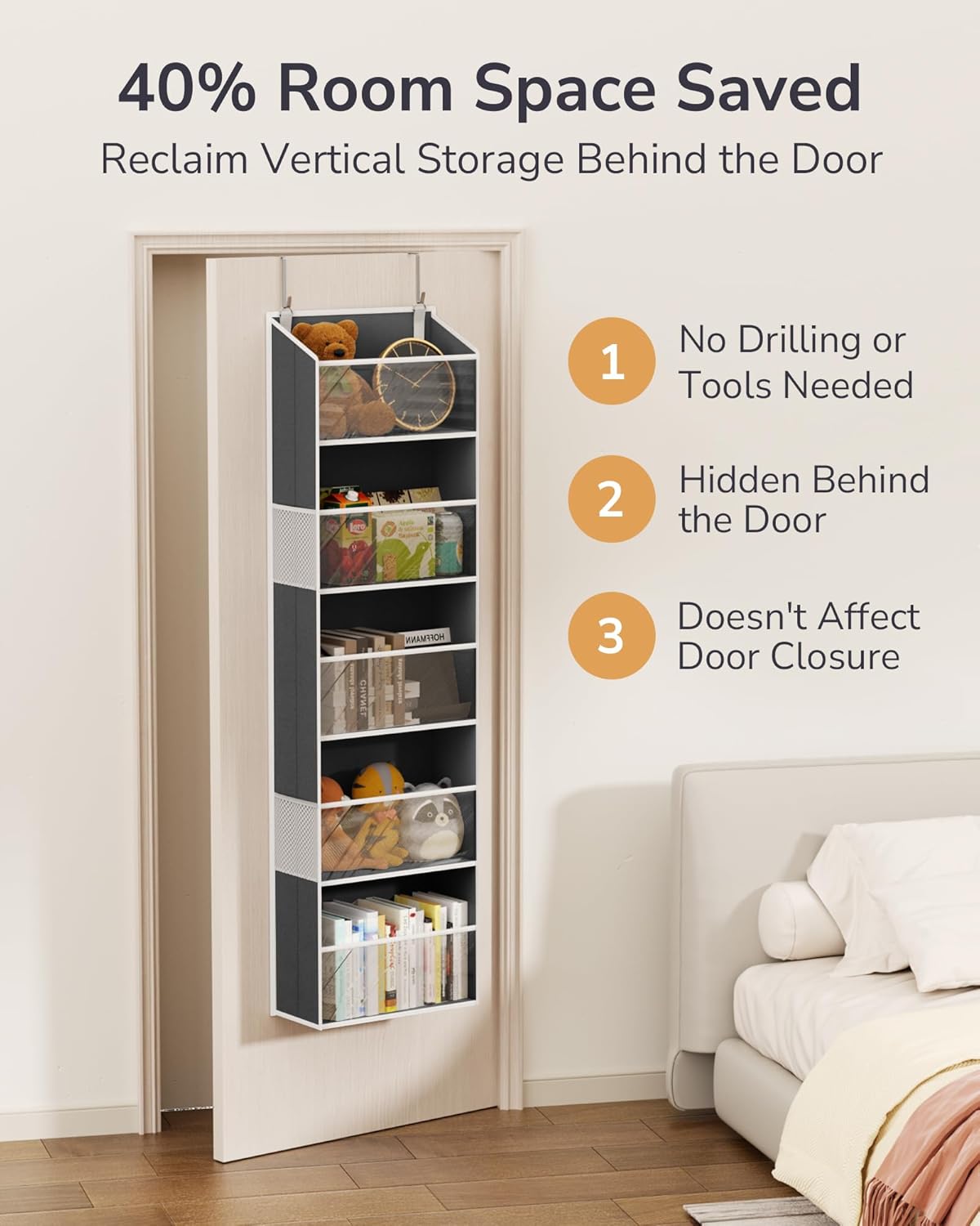 ULG Clear Over The Door PVC Organizer with 4 Pockets Hanging Storage for Bathroom, Closet, or Bedroom，Dark Gray