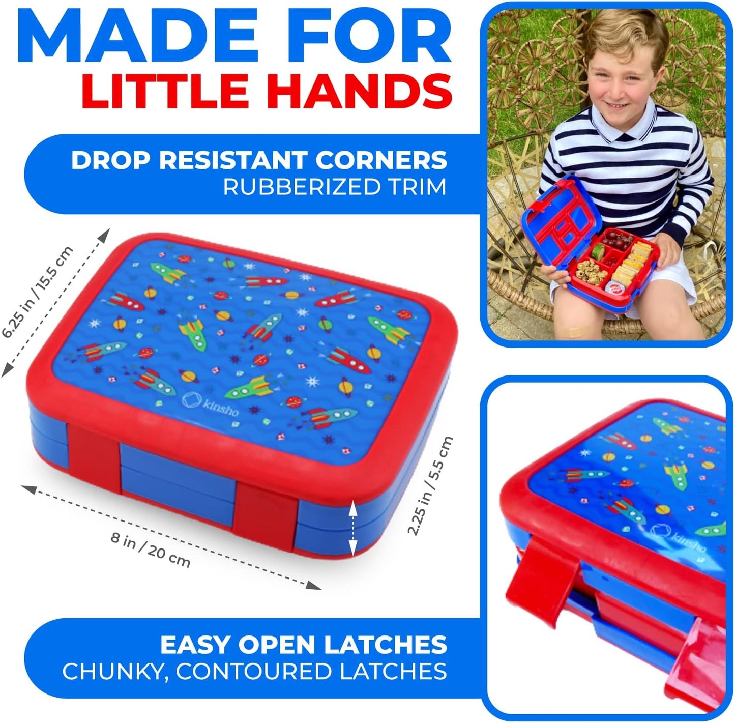 Kinsho Bento Lunch Box for Kids Toddlers, 5 Portion Control Sections, BPA Free Removable Plastic Tray, Pre-School Kid Toddler Daycare Lunches, Snack Container Ages 3 to 7 (Blue Space Rockets)