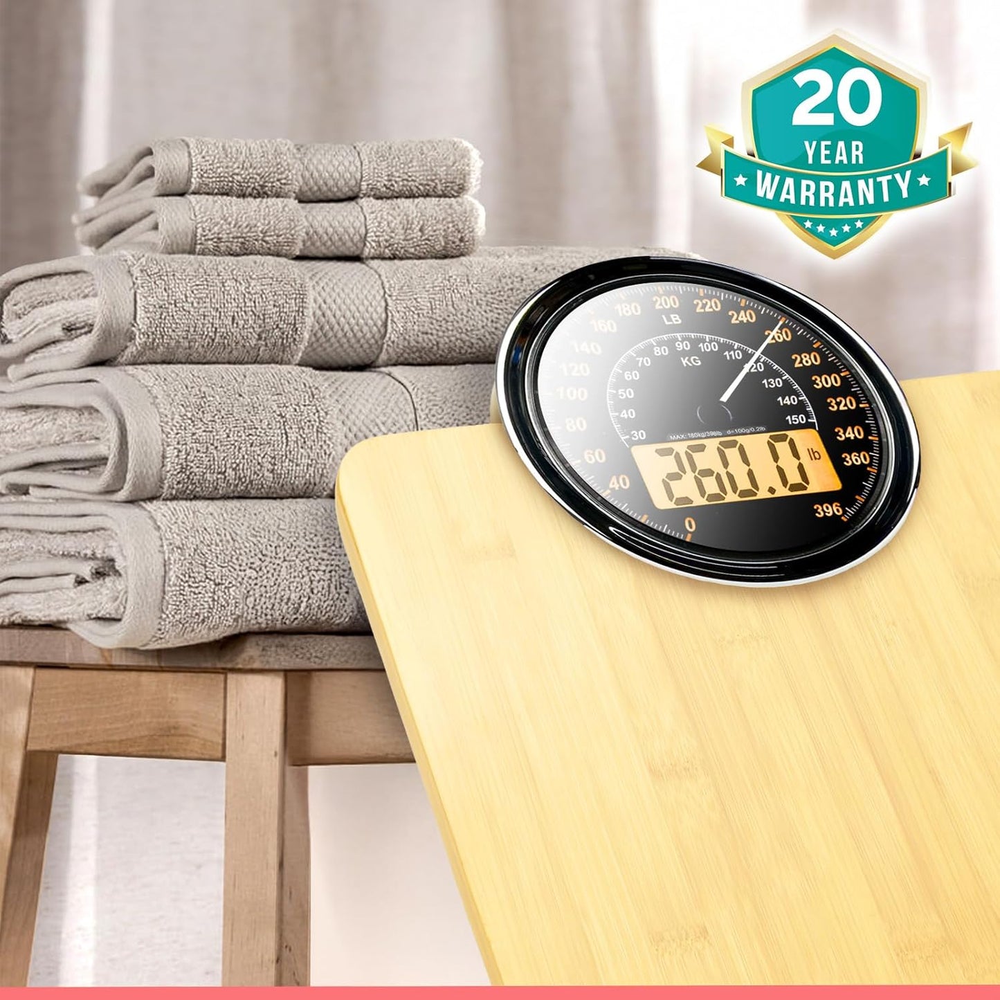 Adamson Hybrid 2-in-1 Analog & Digital Weighing Scale for Body Weight up to 400lbs - Thick Tempered Glass - Extra Large Display - Easy to Read Digital Bathroom Scale - New - Wood