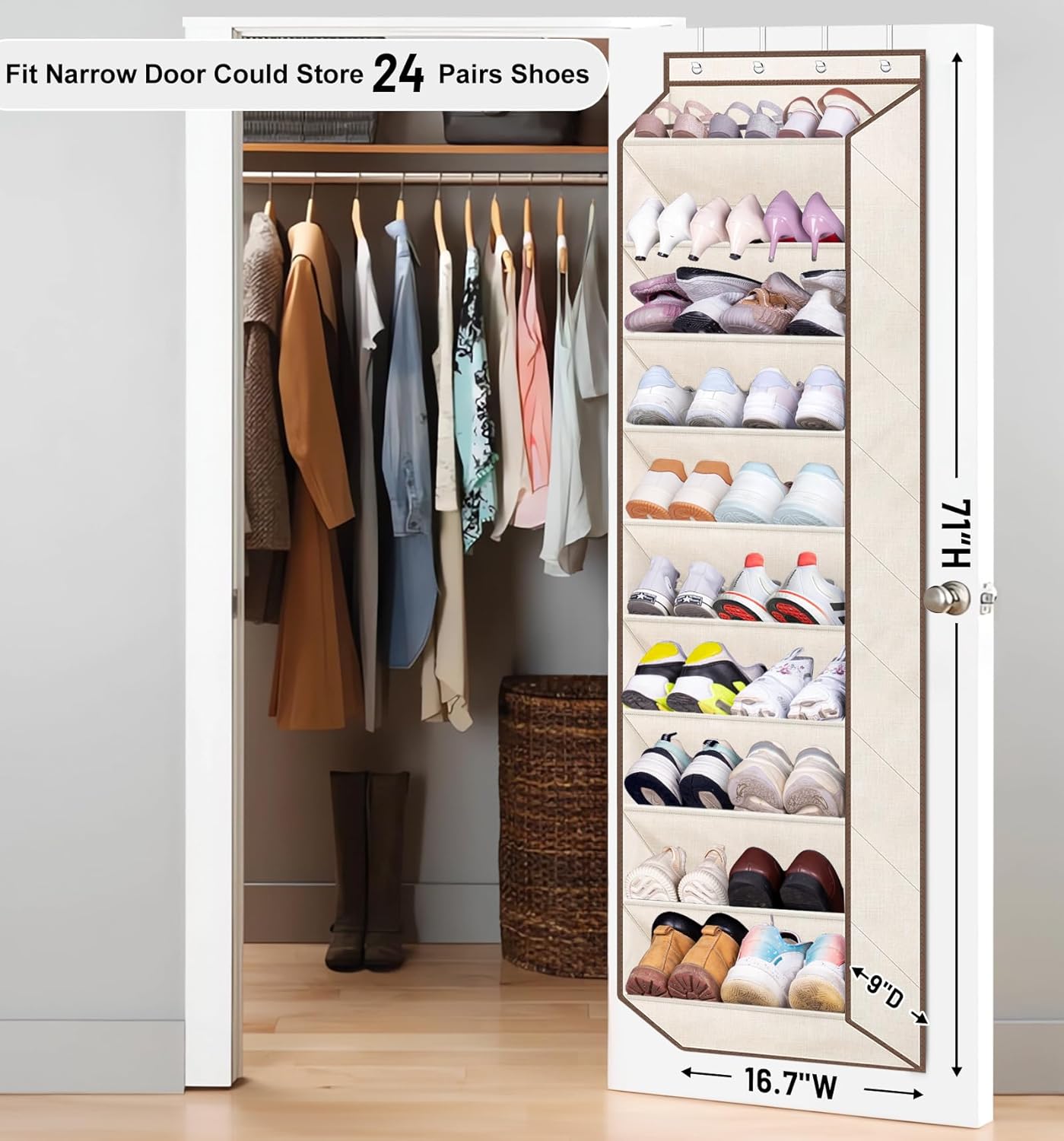 SLEEPING LAMB Shoe Rack for Door, Kids Door Shoe Organizer for Closet hanger, Narrow Hanging Sneaker Storage with Large Deep Pockets for Toddler, Girl, Baby Room Decor, Beige