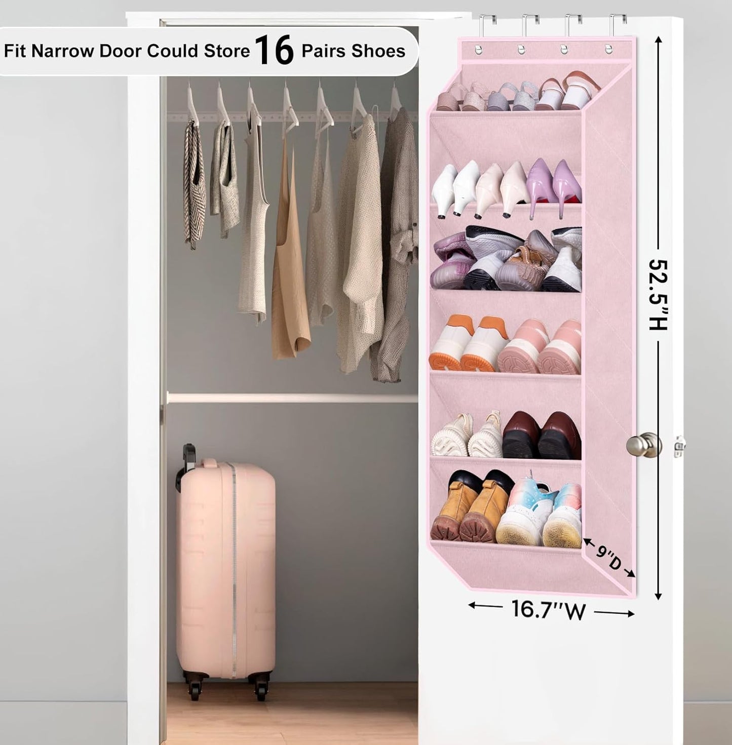 SLEEPING LAMB Over The Door Shoe Rack with Large Deep Pockets, Kids Shoe Organizer for Closet Door, Narrow Hanging Boots Storage, Pink