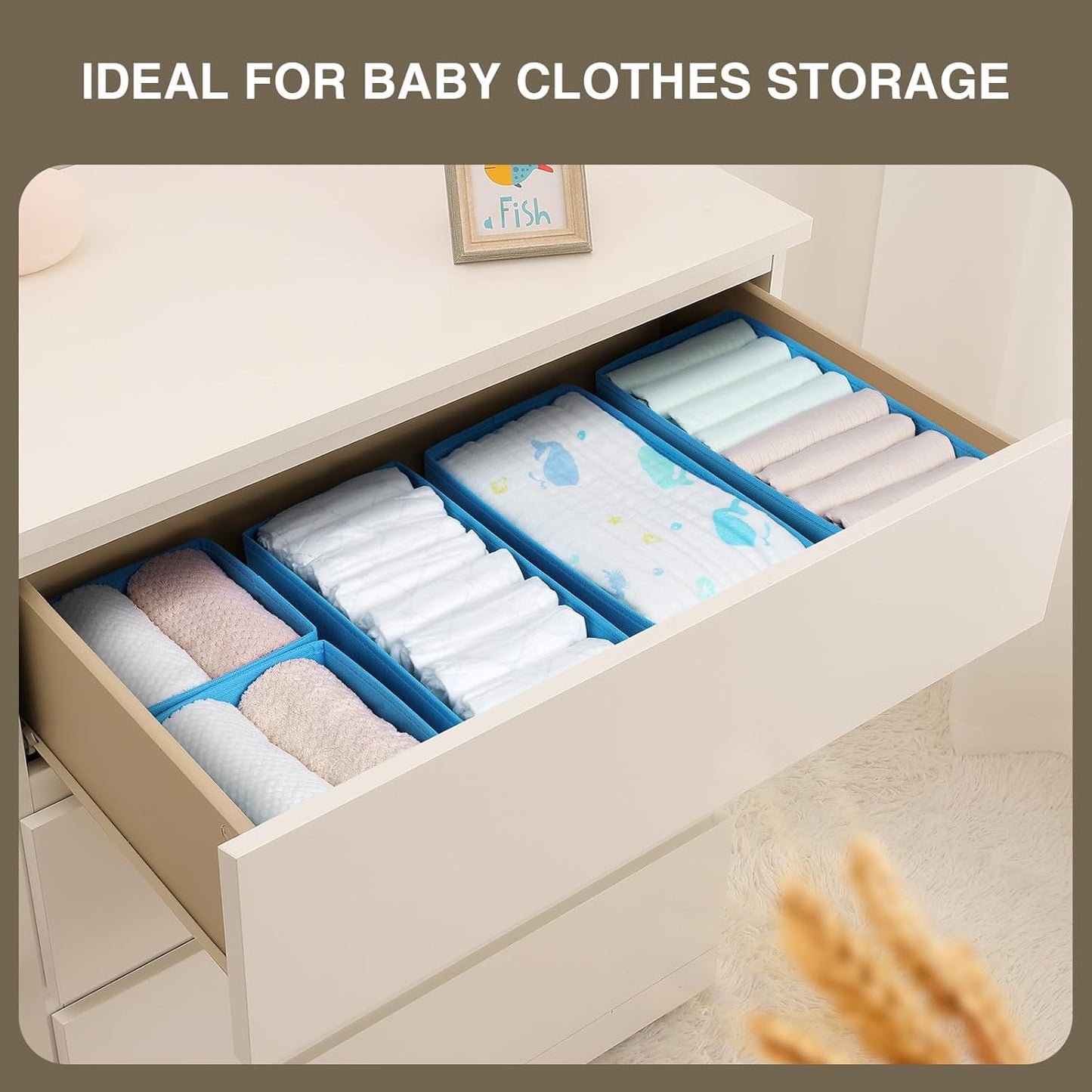 DIMJ Drawer Organizers - Set of 4 Fabric Closet Organizers and Storage, Drawer Dividers for Baby Clothes, Socks, Belt, Tie (Blue)