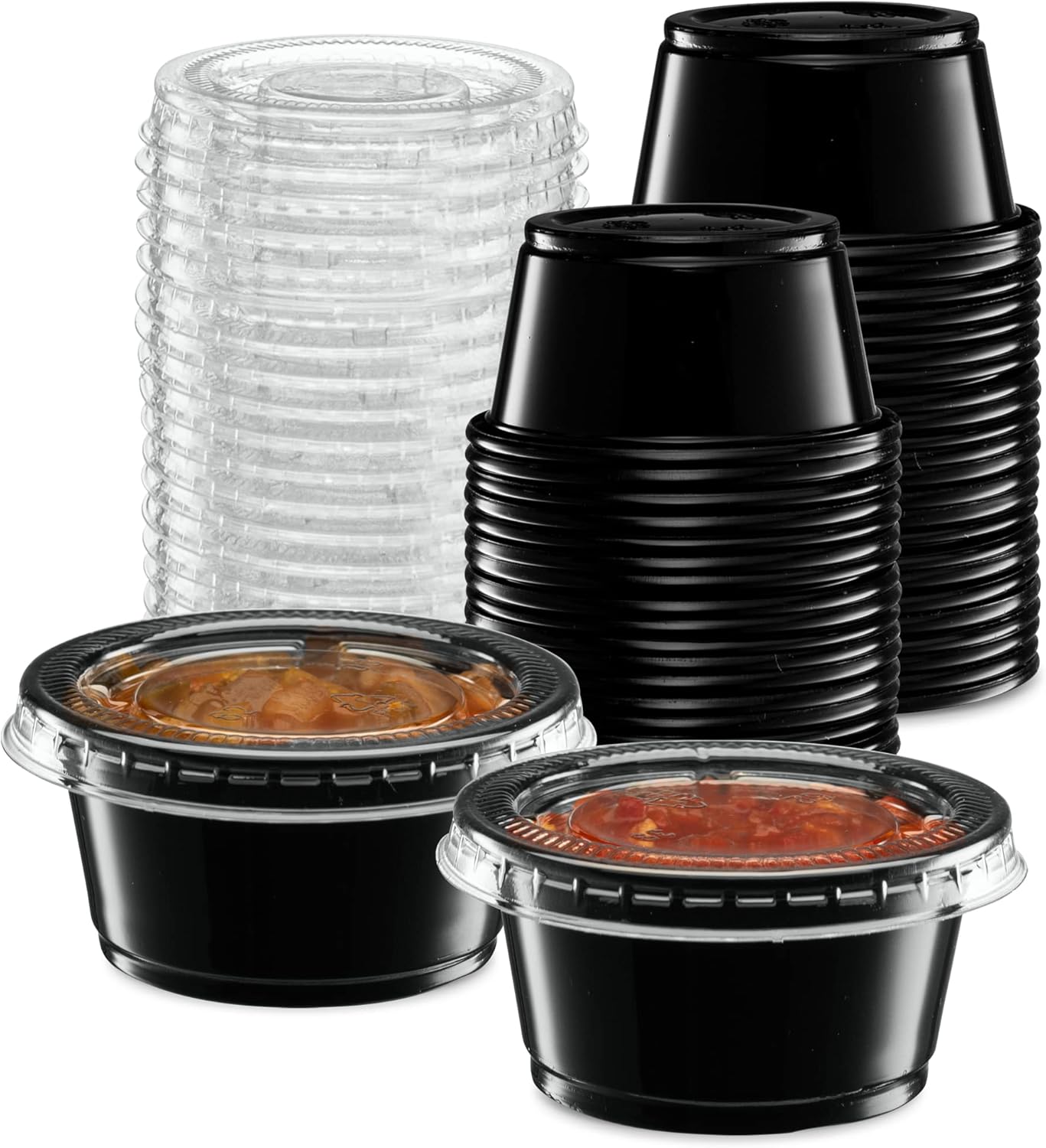 (2 oz - 100 Sets) Black Diposable Plastic Portion Cups With Lids, Small Mini Containers For Portion Controll, Jello Shots, Meal Prep, Sauce Cups, Slime, Condiments, Medicine, Dressings, Crafts
