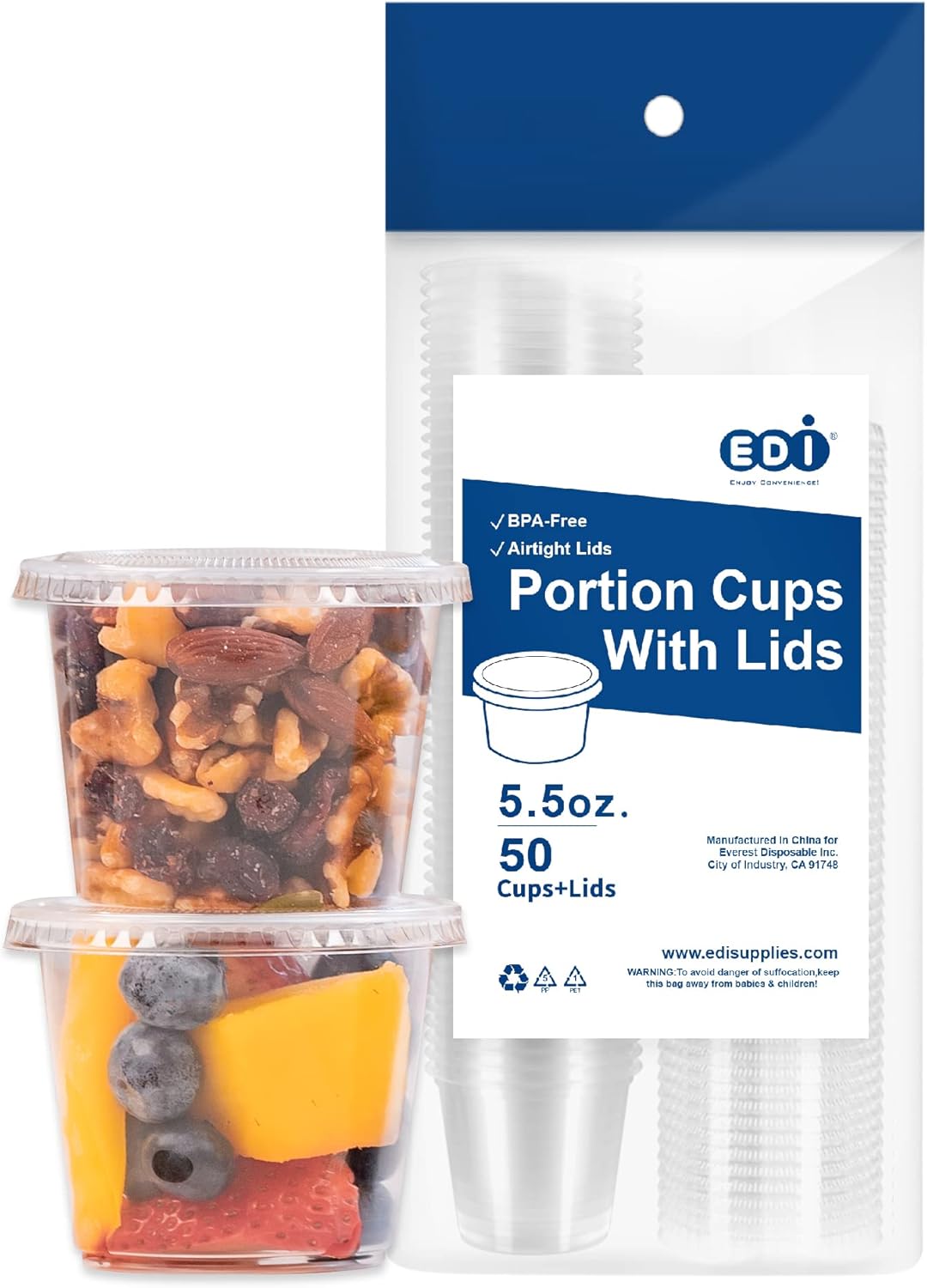 [5.5 OZ, 50 Sets] EDI Clear Disposable Plastic Portion Cups with Leakproof Lids | Jello Shot/Souffle Cups| Condiment and Dipping Sauce Cups | BPA Free | Recyclable