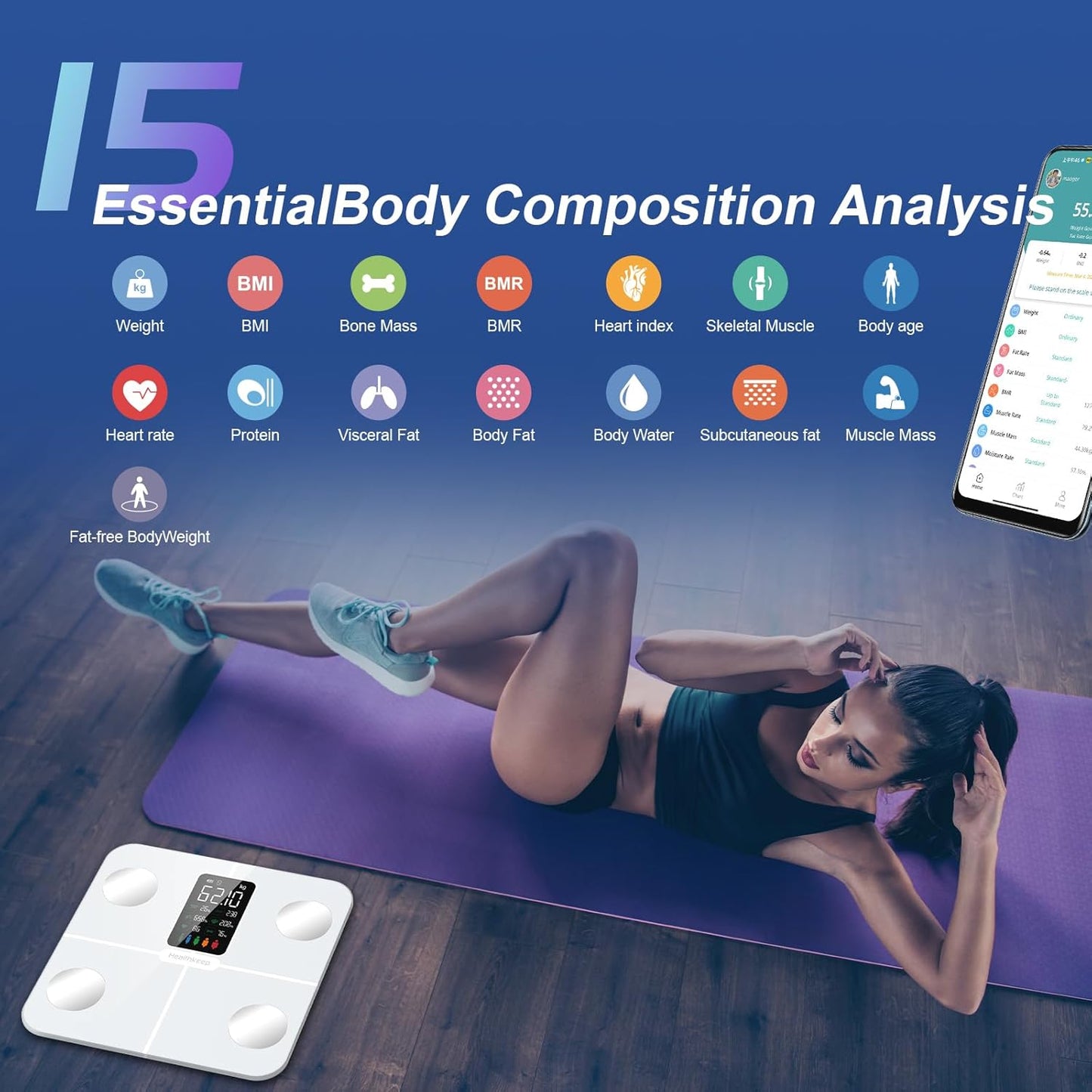 Healthkeep Body Fat Scale with Large VA Display, 15 Body Datas with Heart Rate, Smart Weight Scale Compatible with iOS & Android, Max 400lbs/180kg, 28cm, White