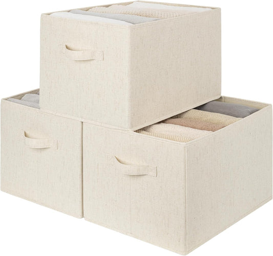 StorageWorks Storage Baskets for Shelves, Foldable Fabric Closet Storage Bins with Handles, Fabric Storage Bins Clothes Organizer, Beige(Cotton-linen), 3-Pack, Extra Large