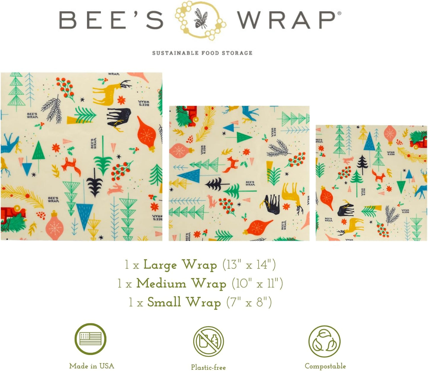 Bee's Wrap Beeswax Wraps for Food - Made in USA Reusable & Organic Food Wraps, Sandwich Wrap & Bowl Covers - Eco-Friendly Alternative to Aluminum Foil, Winter Wonderland 3 Pack (S, M, L)