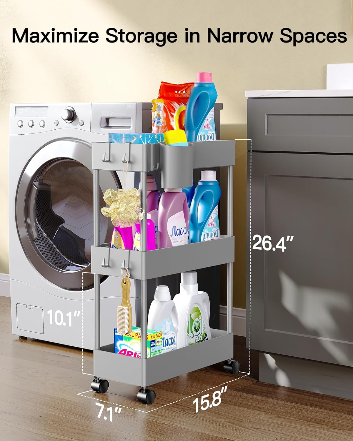 Pipishell Slim Storage Cart with Wheels - 3 Tier Bathroom Organizers and Storage Cart - Rolling Carts for Bathroom, Kitchen, Narrow Space, Laundry Room,Grey