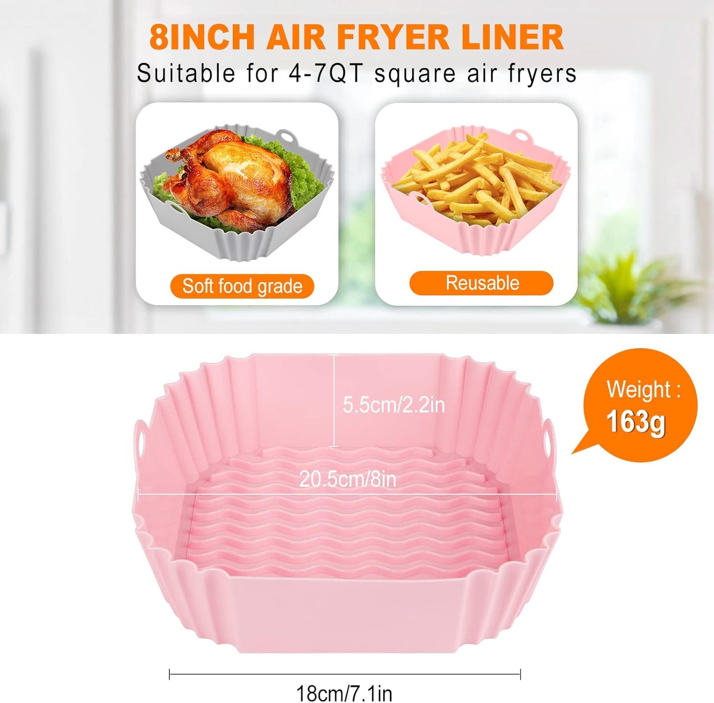2 PCS Square Silicone Air Fryer Liners - 8 Inch Air Fryer Reusable Liners - Kitchen Accessories - AirFryer Inserts for 4 to 7 QT Oven Microwave Accessories (Grey + Pink)