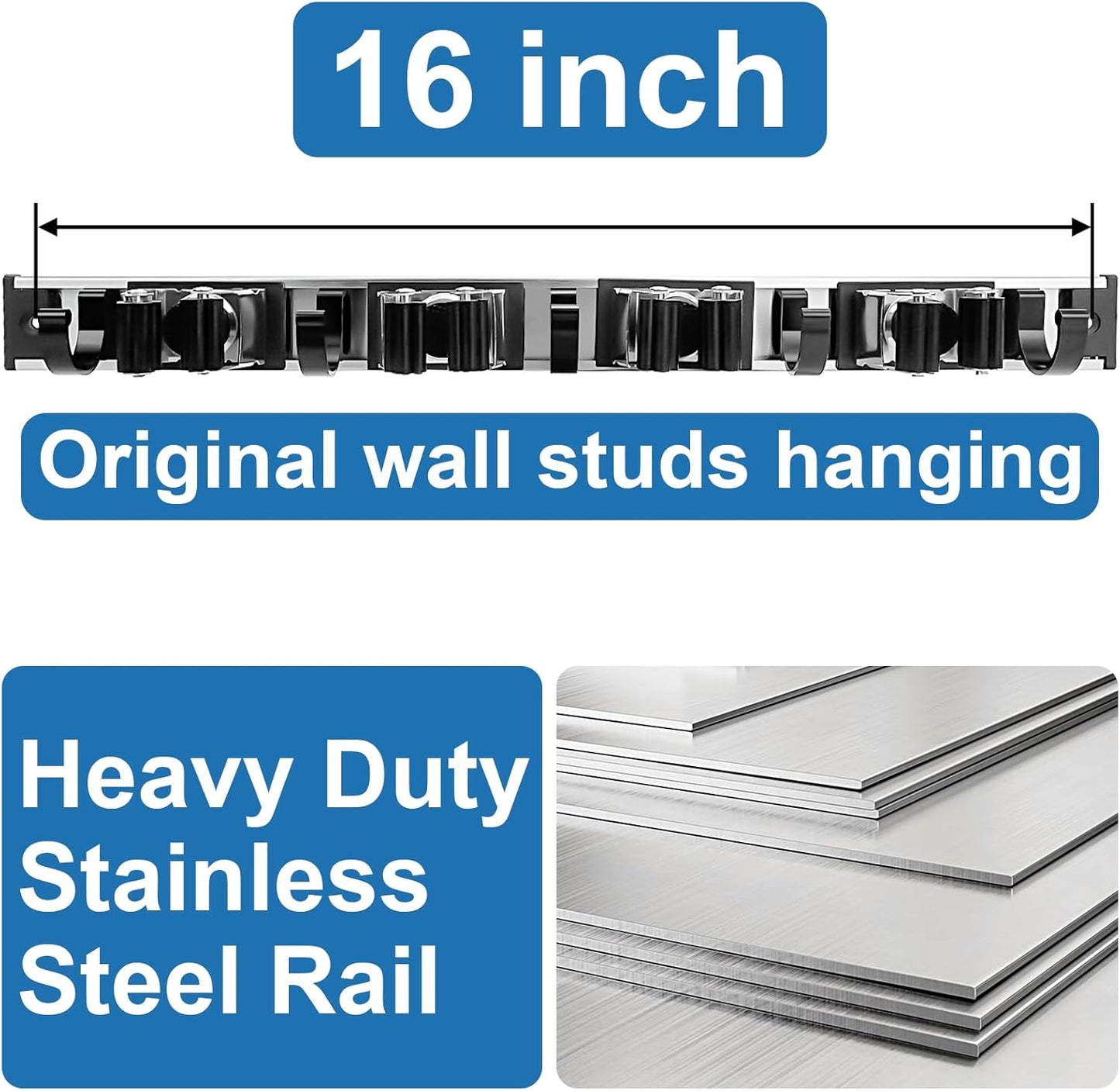 Mop and Broom Holder Wall Mount Metal Heavy Duty Utility Hooks Broom Organizer Garage Storage Systems Tool Racks for Home Laundry Garden Kitchen Organization (Black, 1 Pack 4R5H)