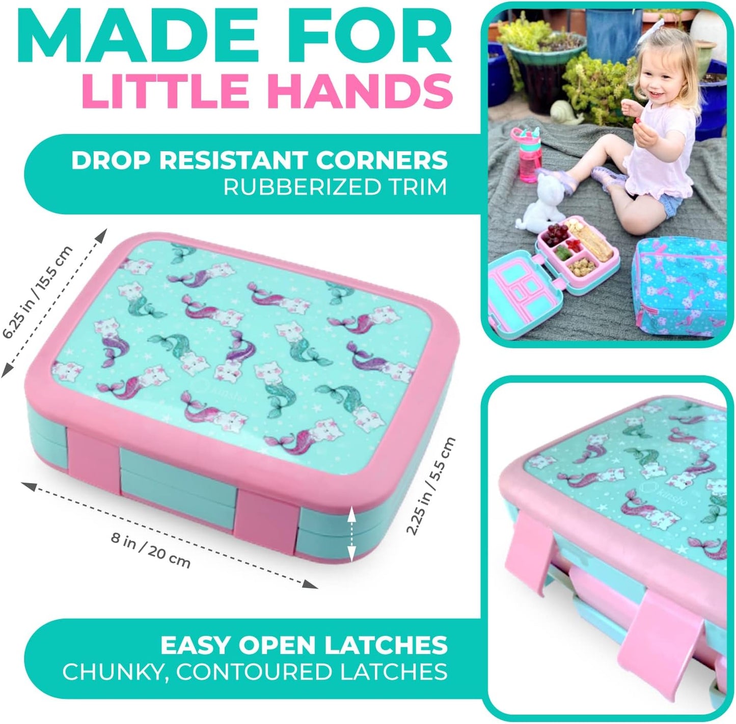 Kinsho Bento Lunch Box for Kids Toddlers, 5 Portion Control Sections, BPA Free Removable Plastic Tray, Pre-School Kid Toddler Daycare Lunches, Snack Container Ages 3 to 7 (Aqua Cat Mermaid)