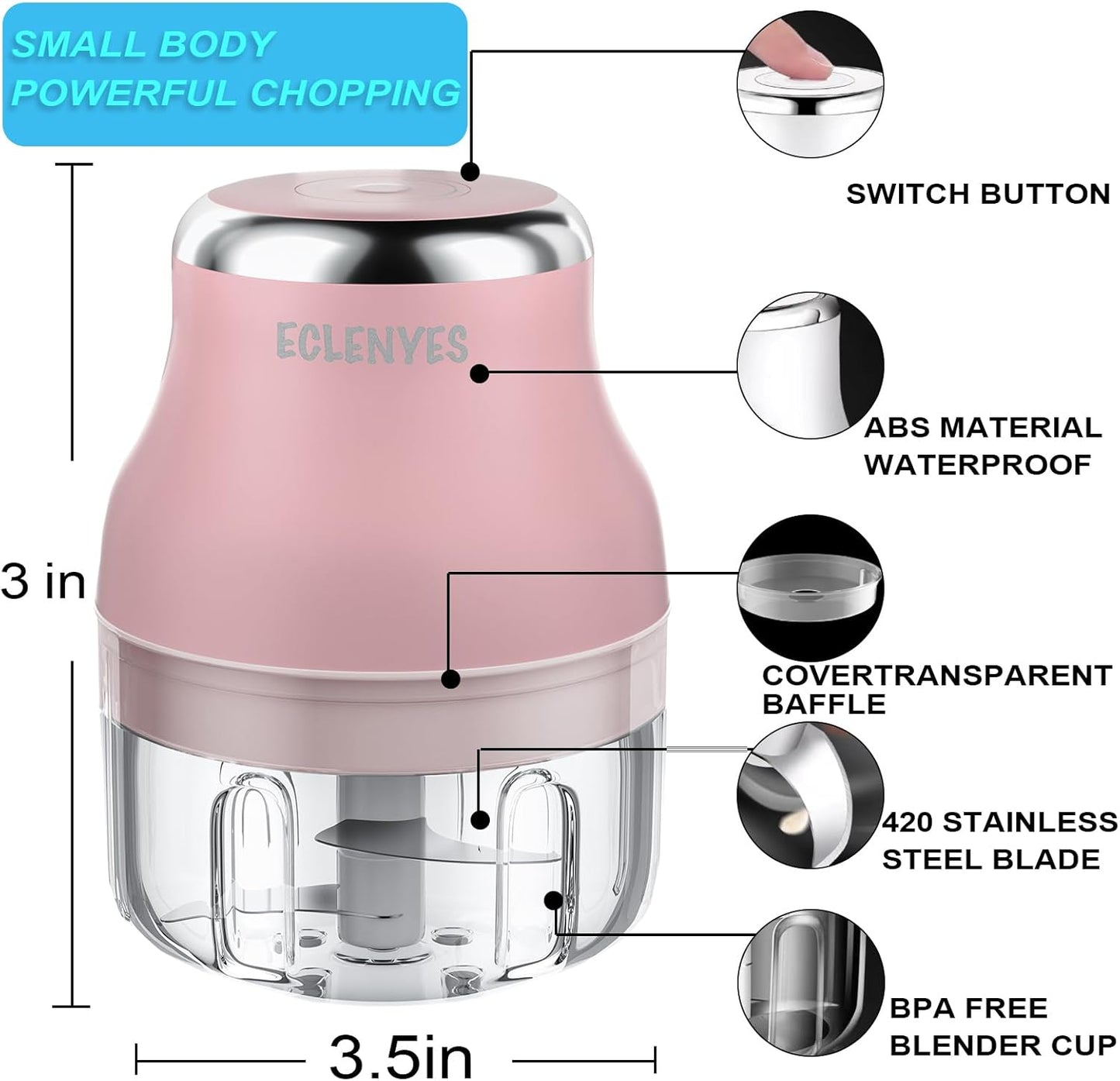 Vegetable Chopper, 100ML Electric Garlic Chopper, Rechargeable Mini Blender, Powerful Small Food Processor, Blender to Vegetable, Wireless Food Cutter for Ginger, Chili, Fruit, Meat, etc（Pink）
