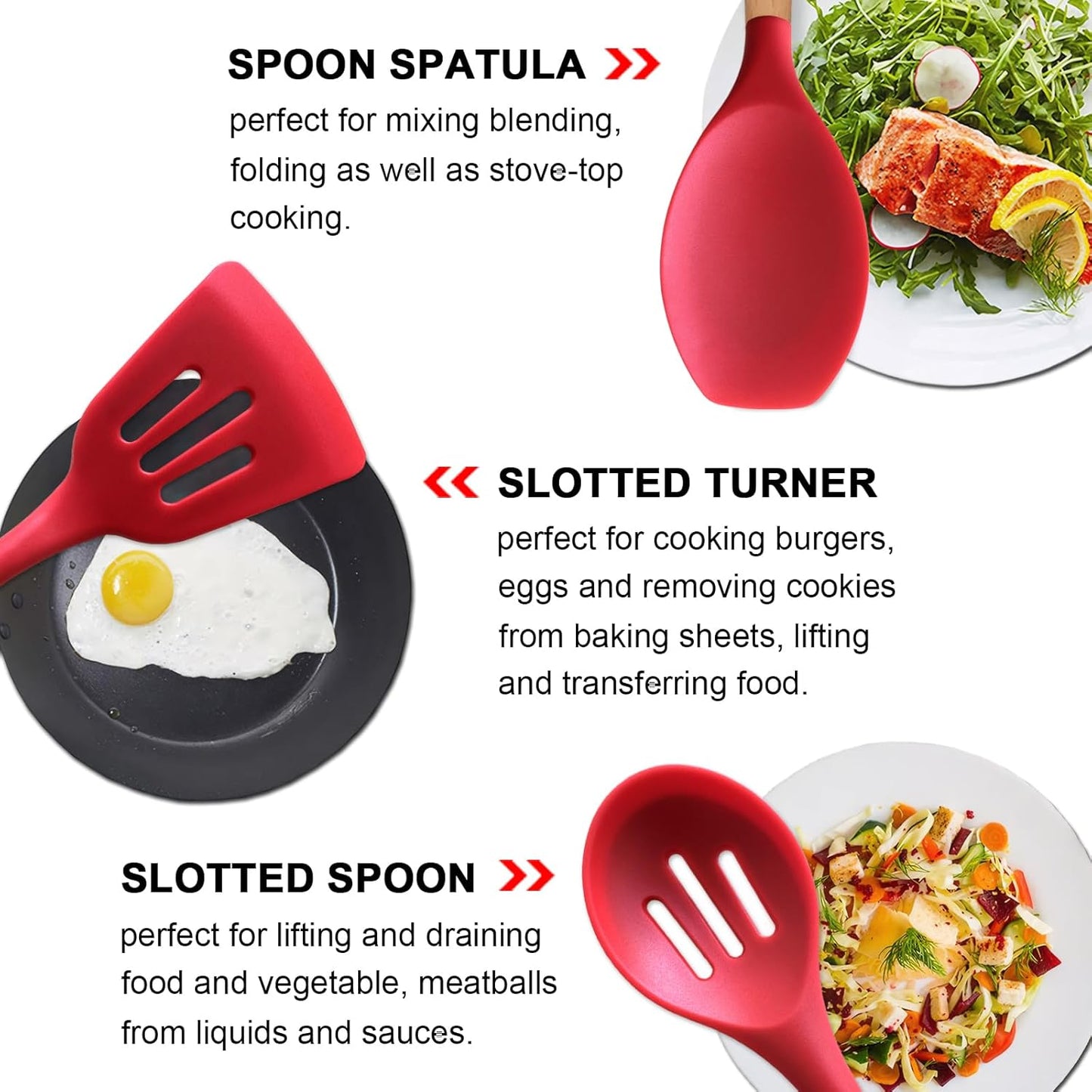 Kitchen Cooking Utensils Set 6Pcs Heat Resistant Silicone Kitchen Utensils Spatula Spoon Turner Ladle w Wooden Handle, BPA FREE Silicone Cooking Tool Gadget Set for Nonstick Cookware & Baking