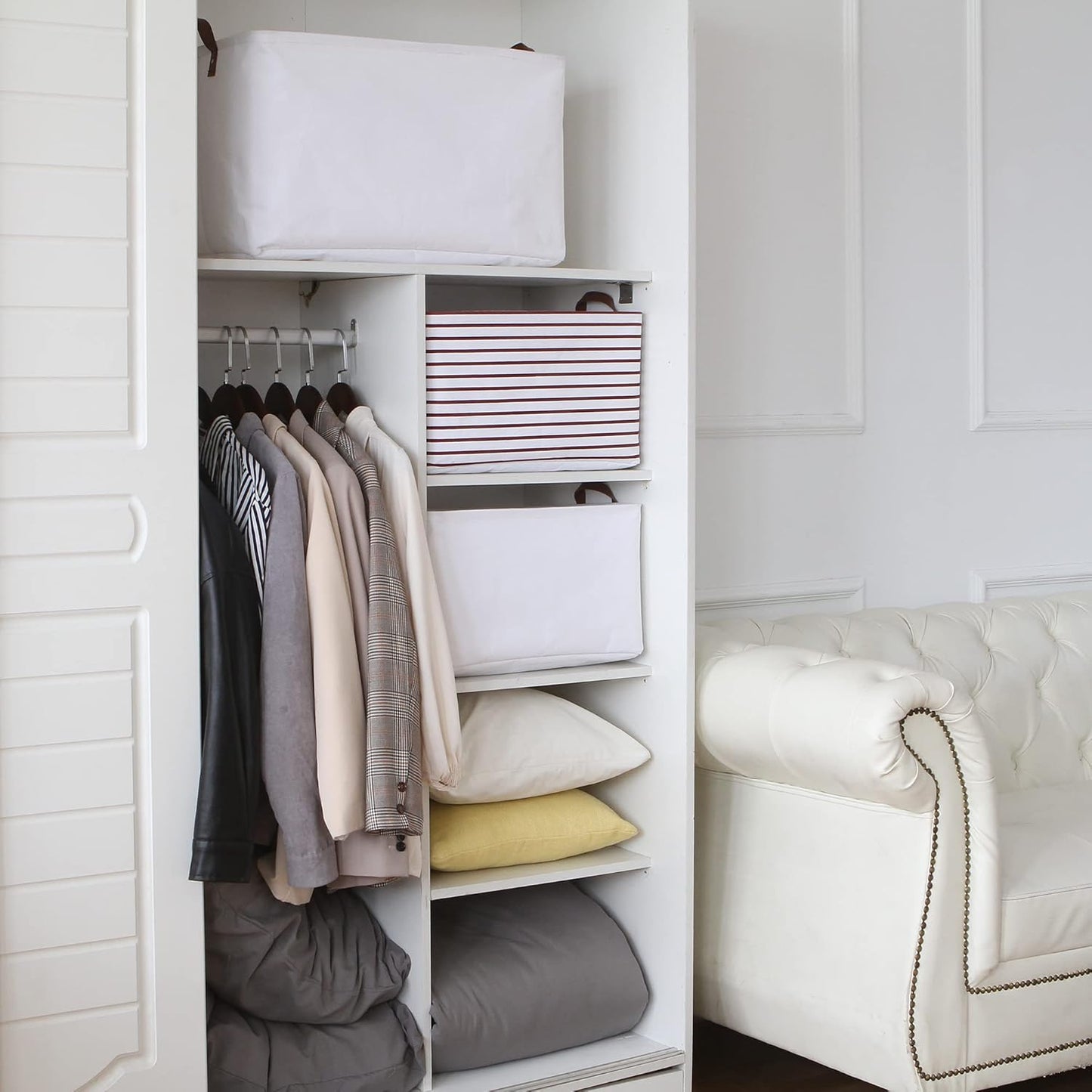 Hinwo 70L Extra Large Storage Bins, Closet Organizers and Storage, Foldable Clothes Storage Baskets with Handles, Containers for Clothing, Blanket, Comforters, Toys, Bedding (White)