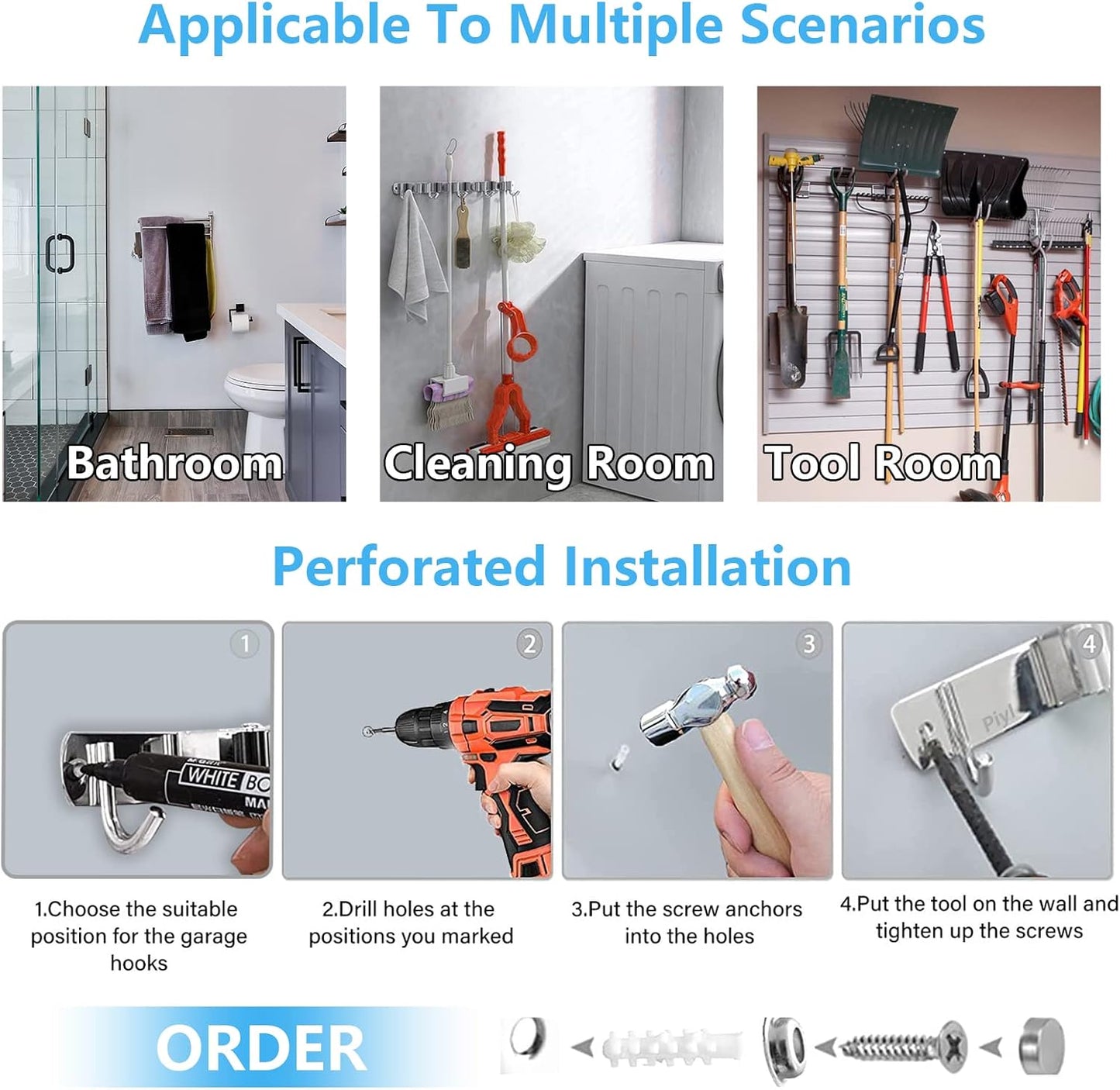 Piyl Broom Mop Holder Wall Mount Broom Hanger Wall Mounted Metal Organization Garage Storage Garden Kitchen Tool Organizer With 4 Racks and 5 Hooks (Silver, 1 Pack 4R5H)