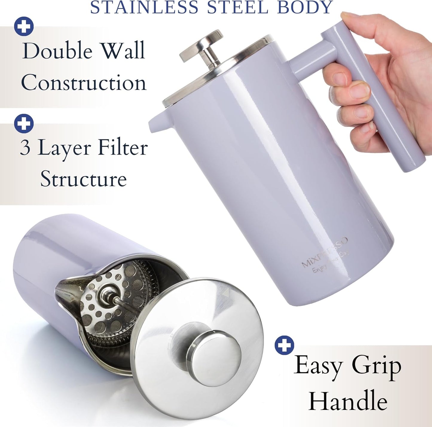 Mixpresso Light Blue Stainless Steel French Press Coffee Maker 26 Oz 770 ml, Double Wall Insulated French Press Stainless Steel, Easy Clean Tea Brewer, Easy Press Durable Metal Coffee Press