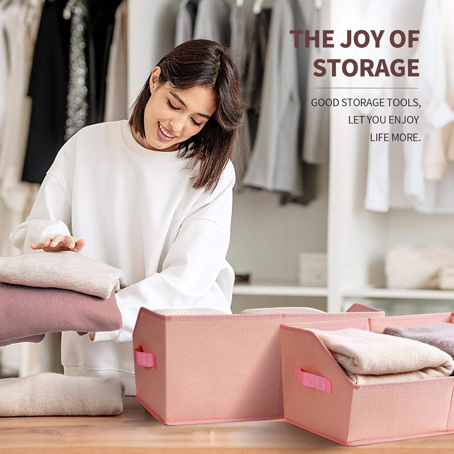 Closet Baskets for Shelves Trapezoid - Decorative Storage Baskets with Handle, Closet Bins for Organization, Shelf Storage Bins for Clothes, Books, Home, Office, 4 Pack, Pink