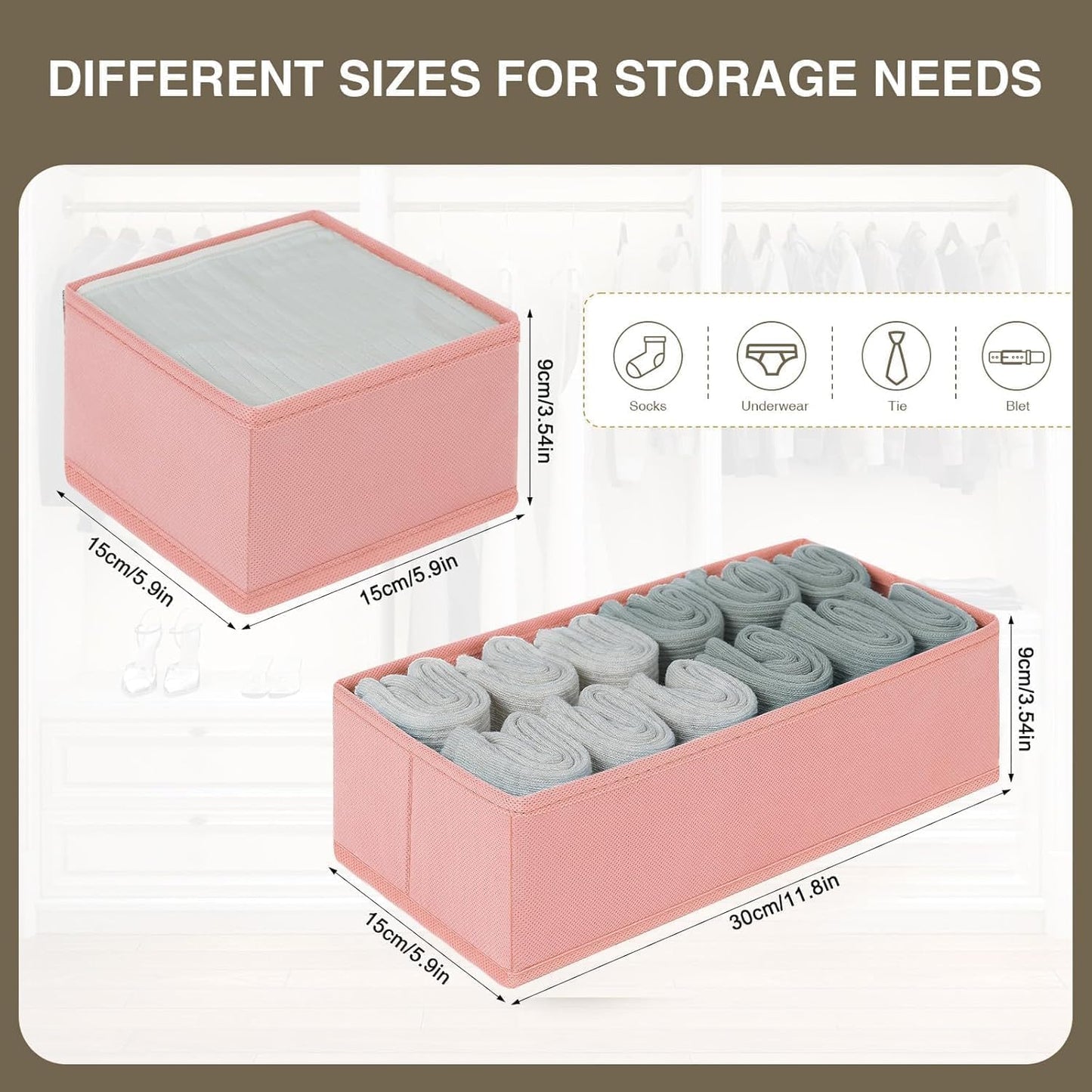 DIMJ Drawer Organizers - Set of 12 Fabric Closet Organizers and Storage, Drawer Dividers for Baby Clothes, Socks, Belt, Tie (Pink)