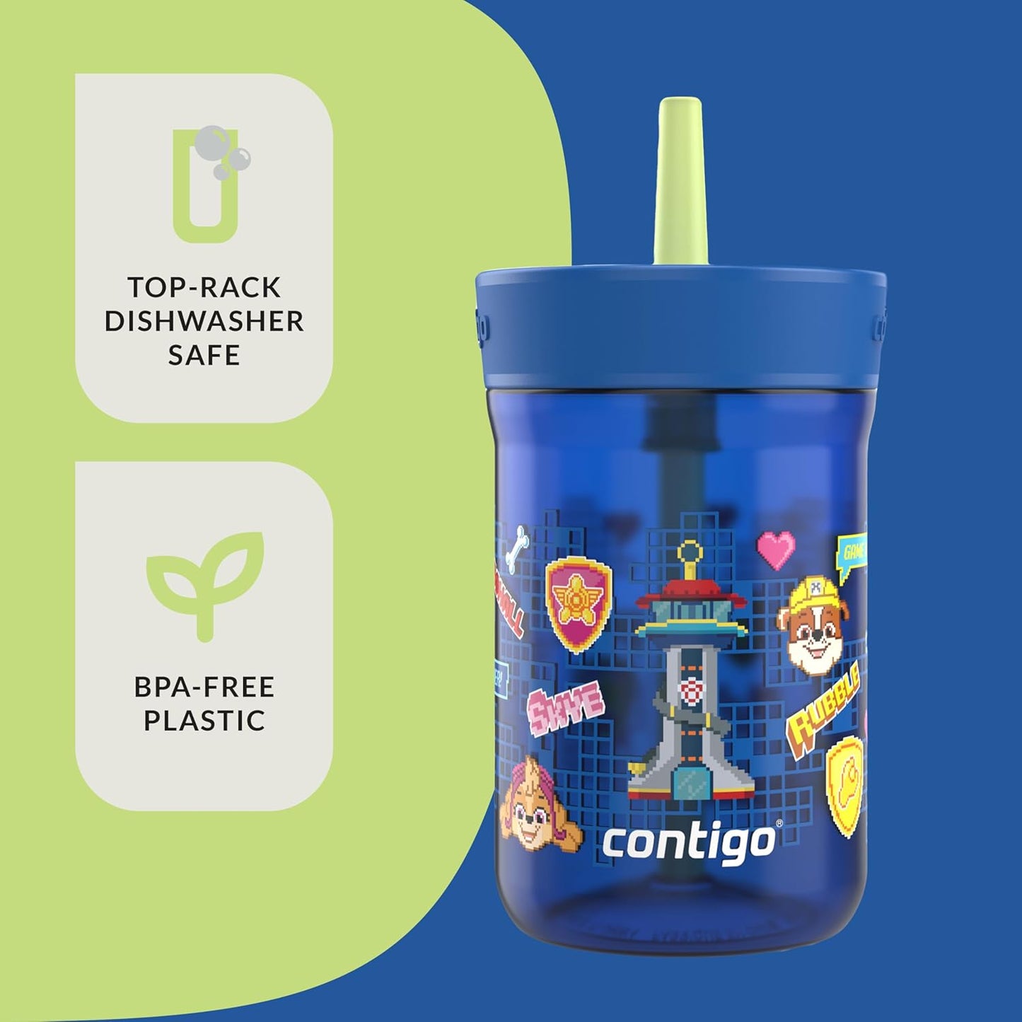 Contigo Leighton Kids Paw Patrol Plastic Water Bottle, Spill-Proof Tumblers with Straw, Dishwasher Safe, 14oz, Power Pups, Blue