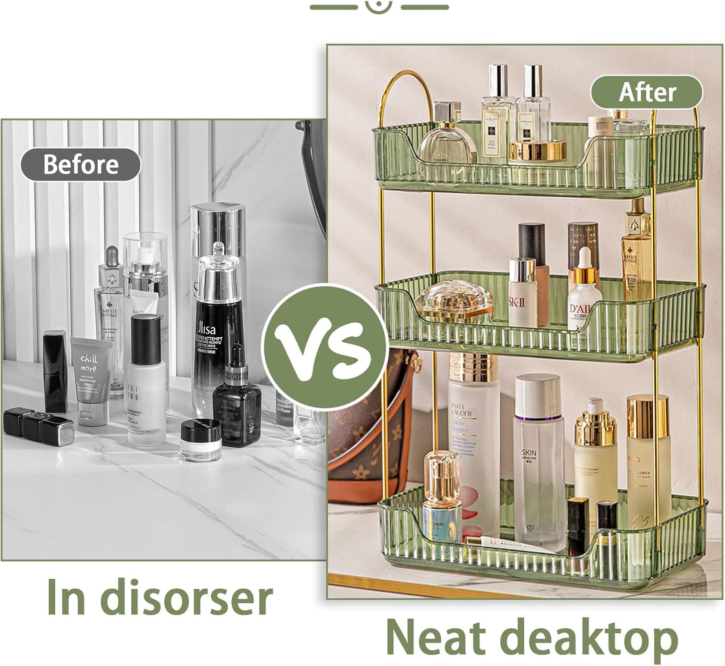 Bathroom Counter Organizer - Countertop Storage, Cosmetics & Skincare Shelf, Makeup & Perfume Organizer, Spice Rack for Kitchen (3 Tier - Green)