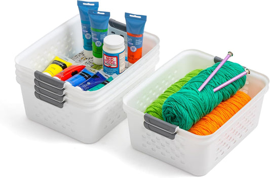 IRIS USA Plastic Basket, 6-Pack, Medium, Shelves Storage Basket for Organizing Pantry, Cabinet, Bedroom, Closet, Laundry Room, Office, White