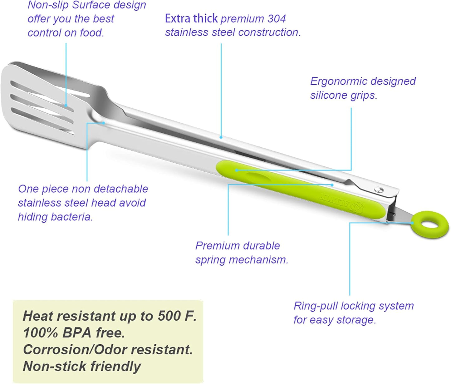 Premium 304 Stainless Steel Barbecue Turners, Heavy Duty Non-Stick BBQ Cooking Kitchen Tongs, 9" and 12" Green